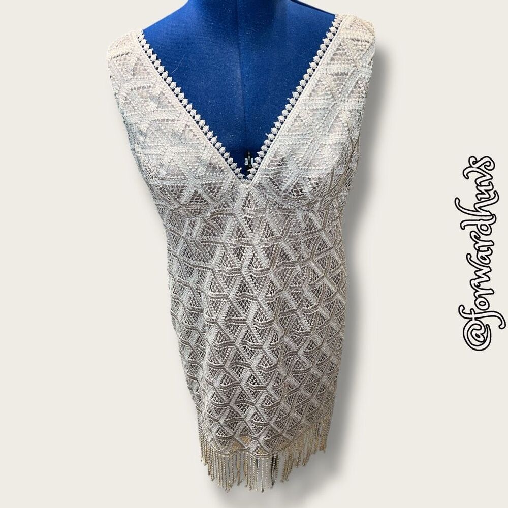 R&M Richards Beige / Cream Color Geometric Fringe Dress – Size 10